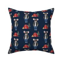 Farm mouse in shirt, red barn, hay, navy MED