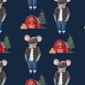 Farm mouse in shirt, red barn, hay, navy MED