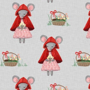 Mouse in red cape with flowers light grey MED