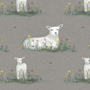 Sheep and Lambs in the Floral Meadow Beige MED