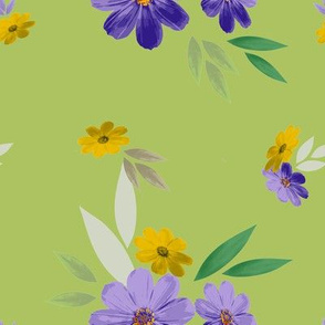  Floral pattern of blue and yellow flowers with leaves on a yellow-green background.