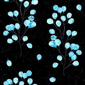 Blue Plants Watercolor Painting Black Background