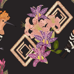 Art deco style floral mid black with hoopoe 3 25 x 25