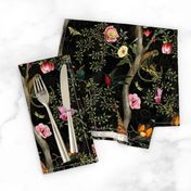 Vintage Tropical Animals- Nostalgic Victorian Chinoiserie Garden-black gothic safari night- dark moody floral Marie Antoinette Chinoiserie inspired