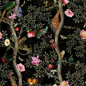 Vintage Tropical Animals- Nostalgic Victorian Chinoiserie Garden-black gothic safari night- dark moody floral Marie Antoinette Chinoiserie inspired