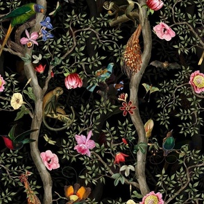 Vintage Tropical Animals- Nostalgic Chinoiserie Garden-black safari night- dark moody floral Marie Antoinette Chinoiserie inspired