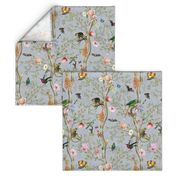 Vintage Tropical Rainforest Animals- Nostalgic Chinoiserie Garden- light grey double layer- Marie Antoinette Chinoiserie inspired