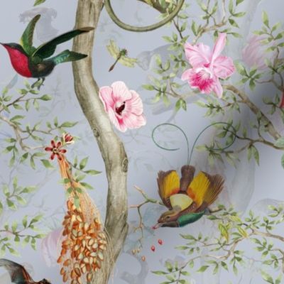 Vintage Tropical Rainforest Animals- Nostalgic Chinoiserie Garden- light grey double layer- Marie Antoinette Chinoiserie inspired