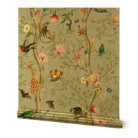 Vintage Tropical Rainforest Animals- Nostalgic Chinoiserie Garden- light grey double layer- Marie Antoinette Chinoiserie inspired
