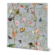 Vintage Tropical Rainforest Animals- Nostalgic Chinoiserie Garden- light grey double layer- Marie Antoinette Chinoiserie inspired