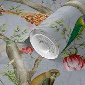 Vintage Tropical Rainforest Animals- Nostalgic Chinoiserie Garden- light grey double layer- Marie Antoinette Chinoiserie inspired