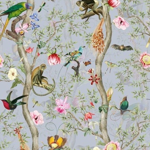 Vintage Tropical Rainforest Animals- Nostalgic Chinoiserie Garden- light grey double layer- Marie Antoinette Chinoiserie inspired