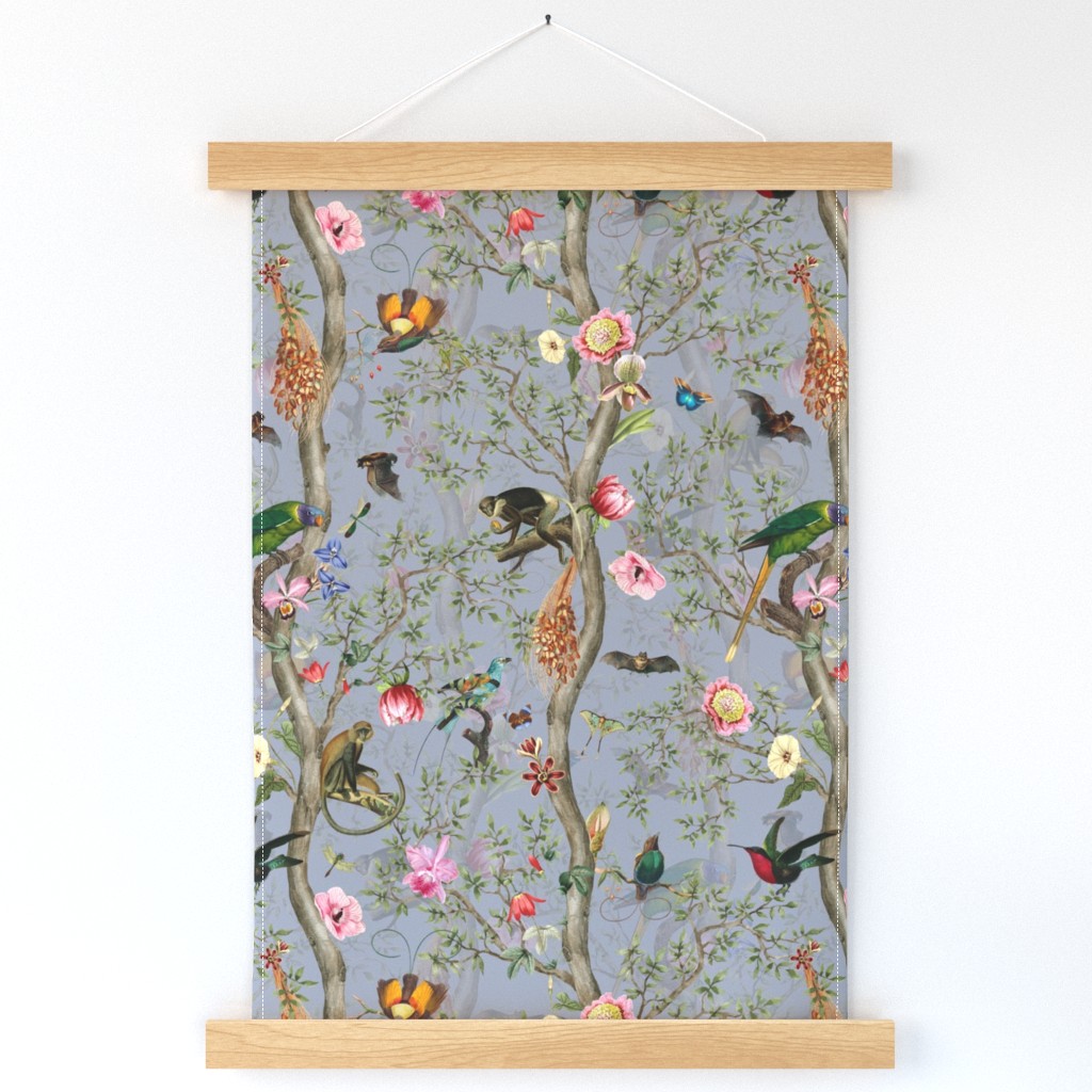 Vintage Tropical Rainforest Animals- Nostalgic Chinoiserie Garden- grey double layer- Marie Antoinette Chinoiserie inspired