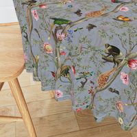 Vintage Tropical Whimsical Animals Monkeys- Nostalgic Grandmillennial Nature Flowers Chinoiserie Jungle Garden-New  Heritage-gray 