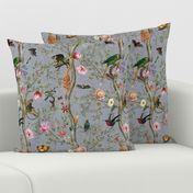 Vintage Tropical Rainforest Animals- Nostalgic Chinoiserie Garden- grey double layer- Marie Antoinette Chinoiserie inspired