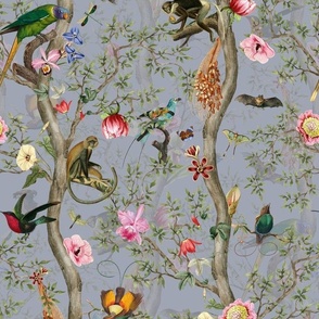 Vintage Tropical Rainforest Animals- Nostalgic Chinoiserie Garden- grey double layer- Marie Antoinette Chinoiserie inspired