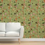 Antique Rococo Chinoiserie Tropical Flower Trees With   Vintage Animals Parrot Birds And Nostalgic  Monkeys light green double layer- Marie Antoinette Chinoiserie inspired