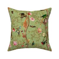 Vintage Tropical Whimsical Animals Monkeys- Nostalgic Grandmillennial Nature Flowers Chinoiserie Jungle Garden-New  Heritage-green