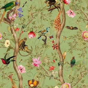 Antique Rococo Chinoiserie Tropical Flower Trees With   Vintage Animals Parrot Birds And Nostalgic  Monkeys light green double layer- Marie Antoinette Chinoiserie inspired
