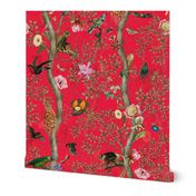 Vintage Tropical Animals- Nostalgic Chinoiserie Garden- red  double layer- Marie Antoinette Chinoiserie inspired