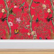 Vintage Tropical Animals- Nostalgic Chinoiserie Garden- red  double layer- Marie Antoinette Chinoiserie inspired