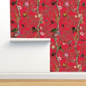 Vintage Tropical Animals- Nostalgic Chinoiserie Garden- red  double layer- Marie Antoinette Chinoiserie inspired