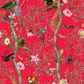 Vintage Tropical Animals- Nostalgic Chinoiserie Garden- red  double layer- Marie Antoinette Chinoiserie inspired