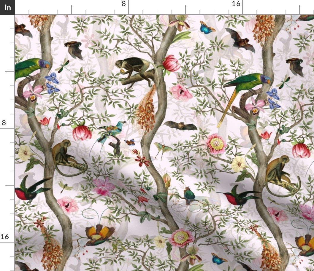 Vintage Tropical Animals- Nostalgic Chinoiserie Garden- light blush  double layer- Marie Antoinette Chinoiserie inspired