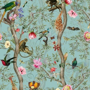 Antique Rococo Chinoiserie Tropical Flower Trees With   Vintage Animals Parrot, Vintage home decor, antique wallpaper,vintage home decor, antique wallpaper,  Birds And Monkeys light  blue double layer