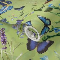 12"   Butterflies In Blue Flower Garden- Green Double