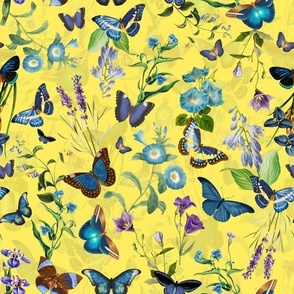 12"   Butterflies In Blue Flower Garden- Yellow  Double
