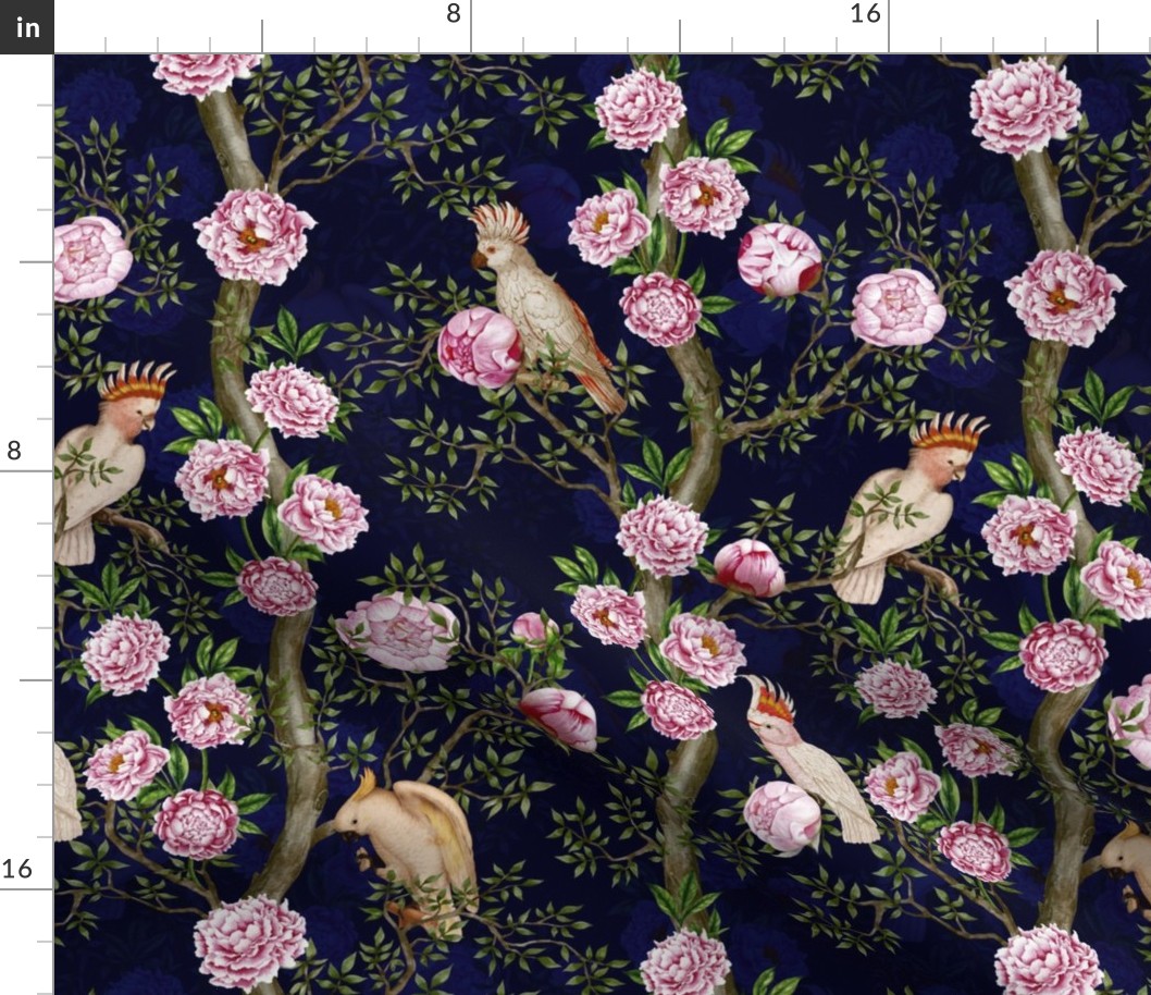 Antique Rococo Chinoiserie Flower Peony Rainforest Trees With  Vintage Pink Parrot Birds  dark blue  double layer- Marie Antoinette Chinoiserie inspired