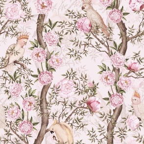 Antique Rococo Chinoiserie Flower Peony Trees With  Vintage Pink Parrot Birds  light pink blush double layer- Marie Antoinette Chinoiserie inspired
