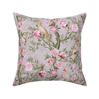 Antique Rococo Chinoiserie Flower Peony Trees With nostalgic  Vintage Pink Parrot Birds  gray double layer- Marie Antoinette Chinoiserie inspired