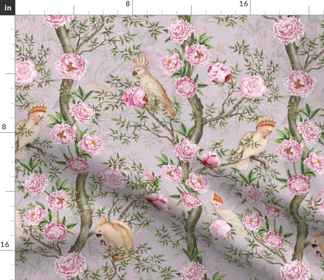 Antique Rococo Chinoiserie Flower Peony Trees With nostalgic  Vintage Pink Parrot Birds  gray double layer- Marie Antoinette Chinoiserie inspired