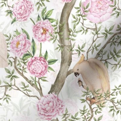 Antique Rococo Chinoiserie Flower Peony Trees With  Vintage Pink Parrot Birds  white double layer- Marie Antoinette Chinoiserie inspired