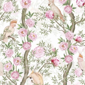 Antique Rococo Chinoiserie Flower Peony Trees With  Vintage Pink Parrot Birds  white double layer- Marie Antoinette Chinoiserie inspired