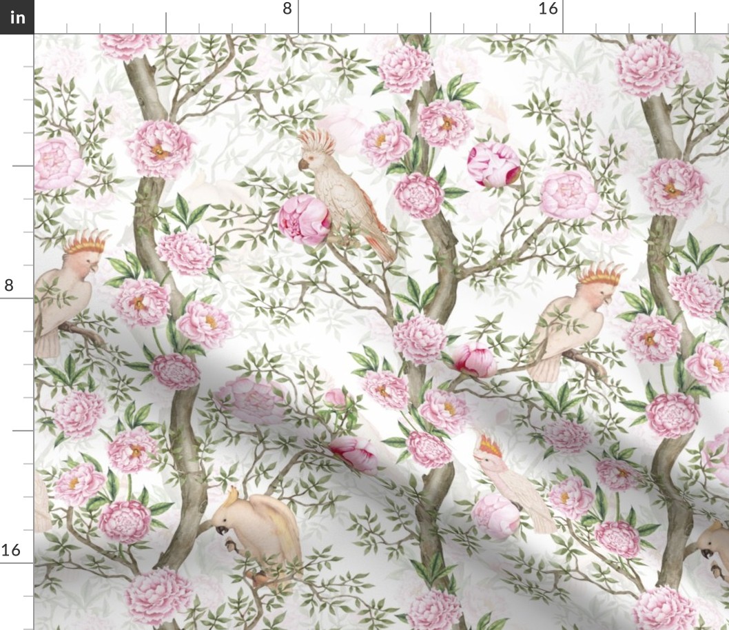 Antique Rococo Chinoiserie Flower Peony Trees With  Vintage Pink Parrot Birds  white double layer- Marie Antoinette Chinoiserie inspired