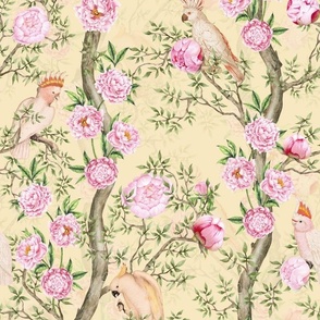 Antique Rococo Chinoiserie Flower Peony Trees With  Vintage Pink Parrot Birds  light yellow double layer- Marie Antoinette Chinoiserie inspired