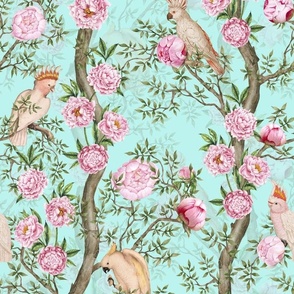 Antique Rococo Chinoiserie Flower Peony Trees With  Vintage Pink Parrot Birds  - Marie Antoinette Chinoiserie inspired