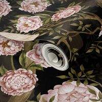 Antique Rococo Chinoiserie Flower Peony Trees With  Vintage Pink Parrot Birds  sepia black double layer- Marie Antoinette Chinoiserie inspired
