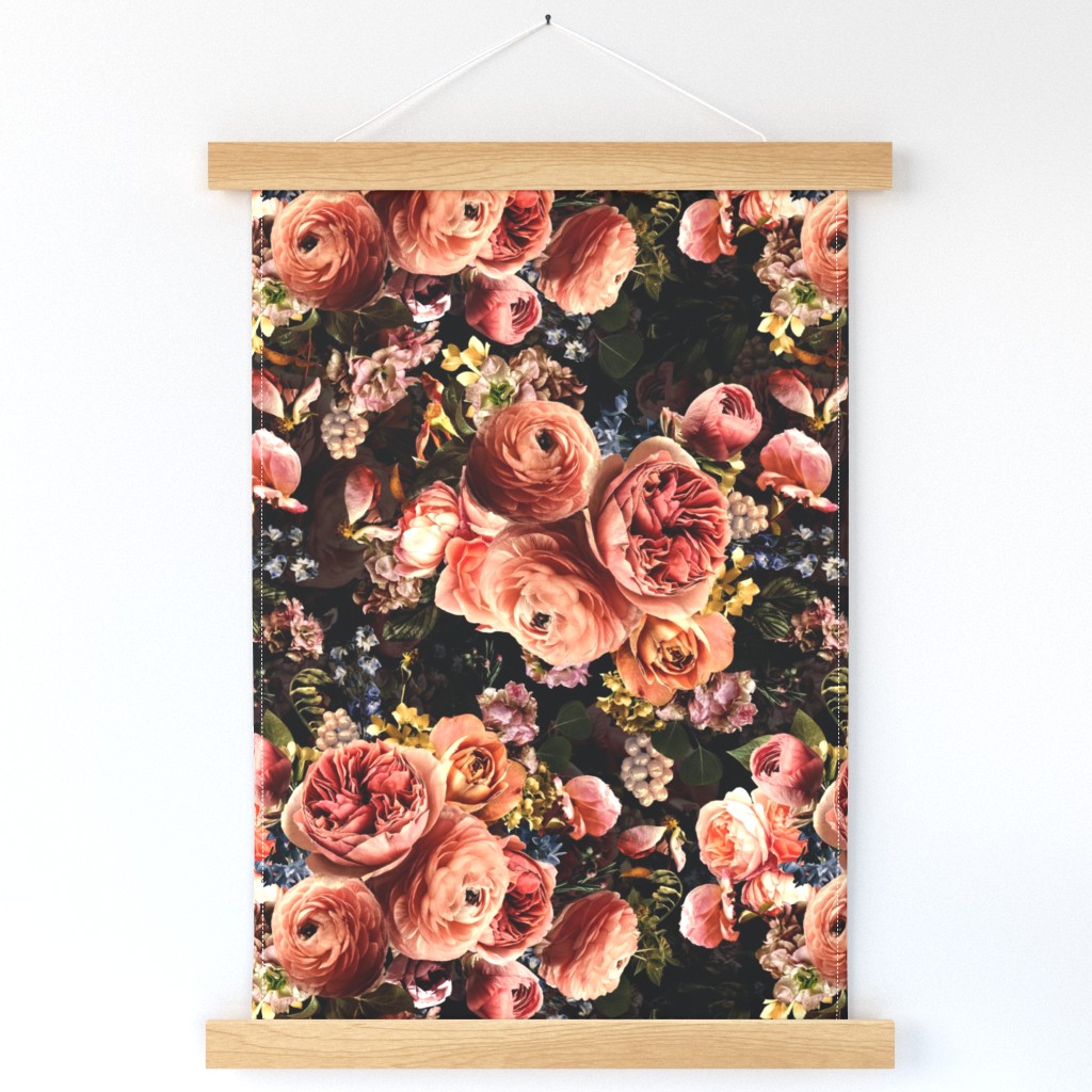 vintage home decor, antique wallpaper ,Lush peach roses,roses fabric,vintage  rose wallpaper,lush peonies and flowers fabric on black double layer