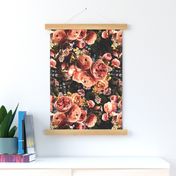 vintage home decor, antique wallpaper ,Lush peach roses,roses fabric,vintage  rose wallpaper,lush peonies and flowers fabric on black double layer