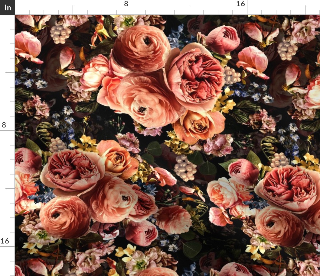 vintage home decor, antique wallpaper ,Lush peach roses,roses fabric,vintage  rose wallpaper,lush peonies and flowers fabric on black double layer
