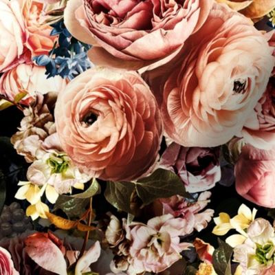 Lush peach roses,roses fabric,vintage rose wallpaper,lush peonies and flowers fabric on black double layer