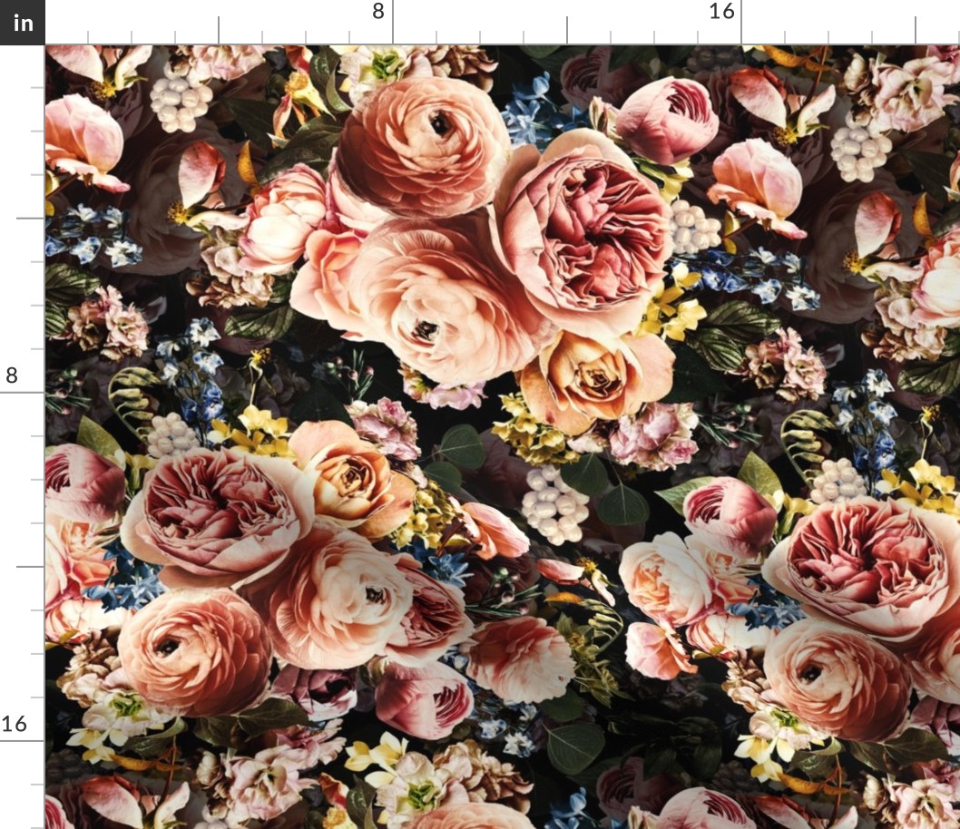 Lush peach roses,roses fabric,vintage rose wallpaper,lush peonies and flowers fabric on black double layer