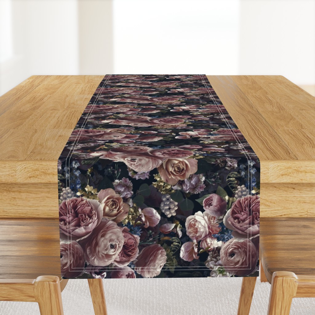 Lush blush roses,roses fabric,vintage rose wallpaper, vintage home decor, antique wallpaper ,lush peonies and flowers fabric on night black double layer