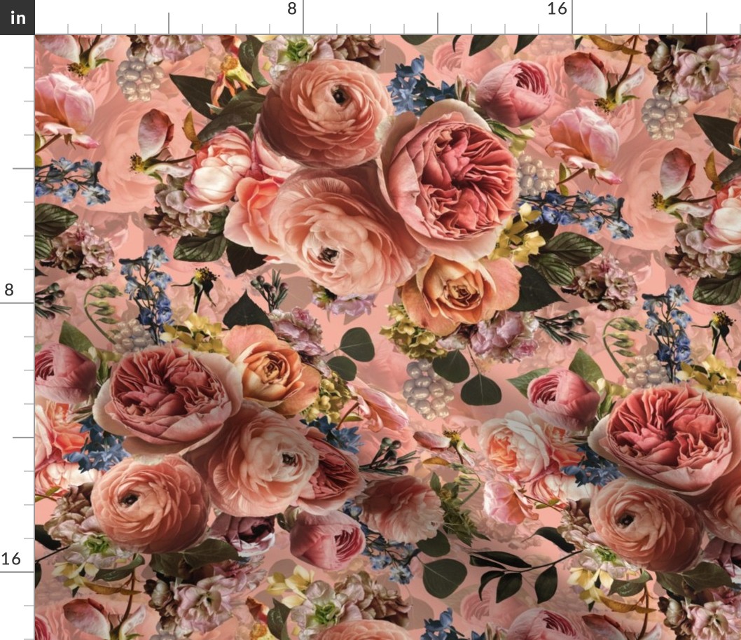 Lush peach roses,roses fabric,vintage rose wallpaper,lush peonies and flowers fabric on peach double layer