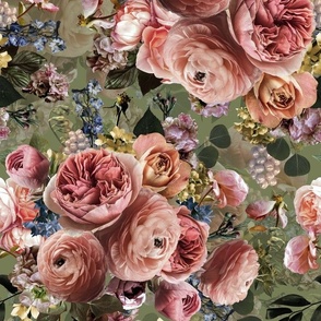 Lush peach roses,roses fabric,vintage rose wallpaper,lush peonies and flowers fabric on green  double layer