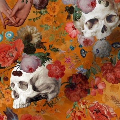 Vintage Gothic halloween aesthetic goth wallpaper: Mystic Horror Skulls and Antique Flowers with Witchy Skull Fabric and Victorian Goth Flowers on orange
